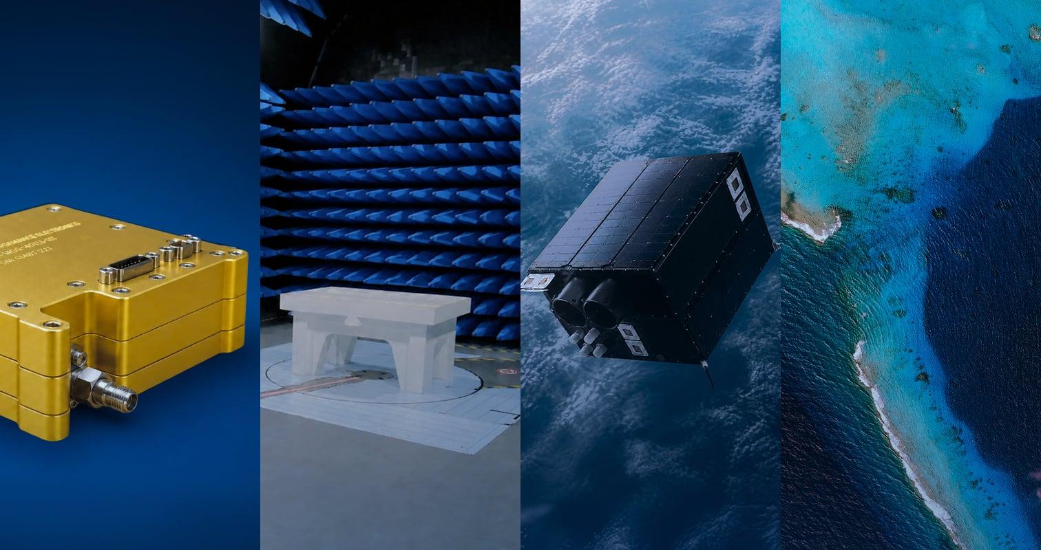 Azista space hardware: a gold electronics unit, an antenna test chamber, a satellite in orbit and Earth imagery from space
