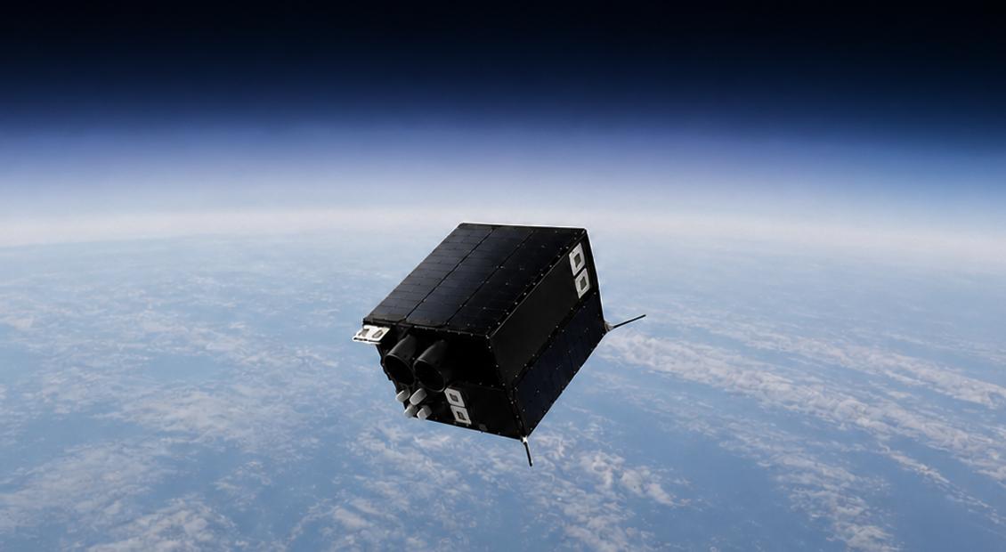 The Azista First Runner satellite in orbit above Earth