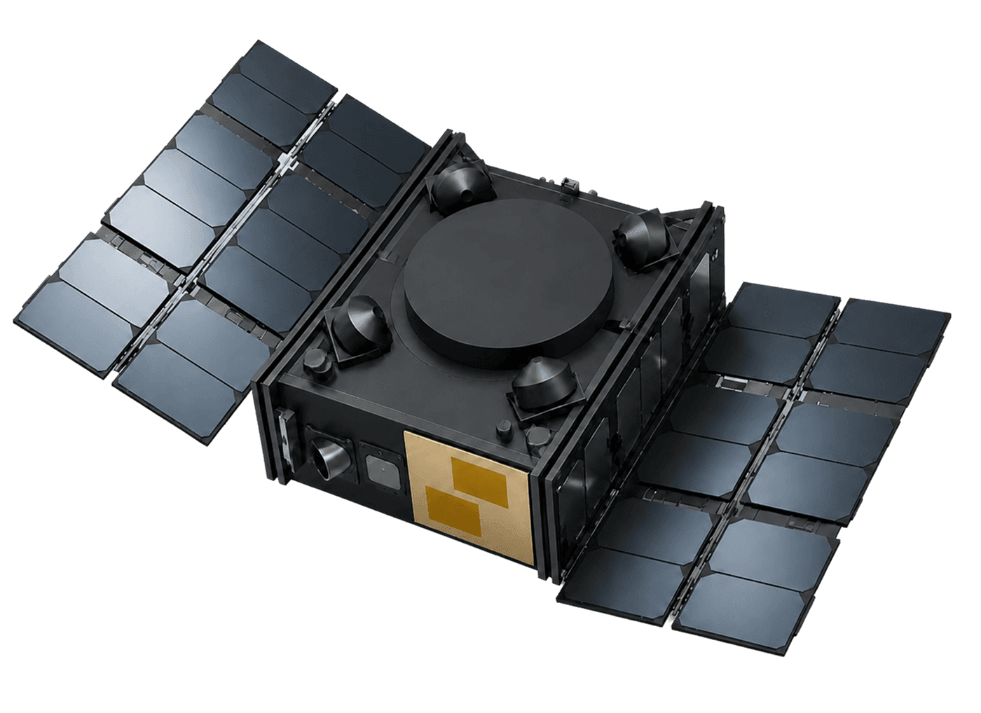 An Azista satellite with four deployed solar panels and a payload mounted on top