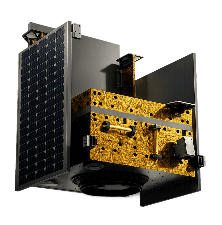 An Azista satellite bus with a deployed solar panel and gold-foiled body
