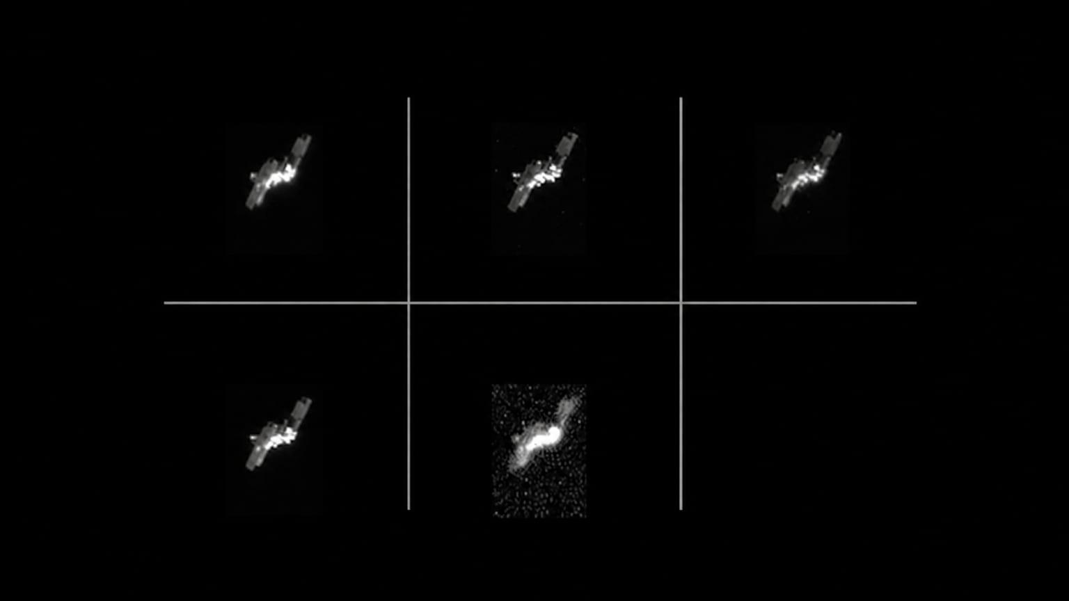 Grid of in-orbit images of a satellite captured from space